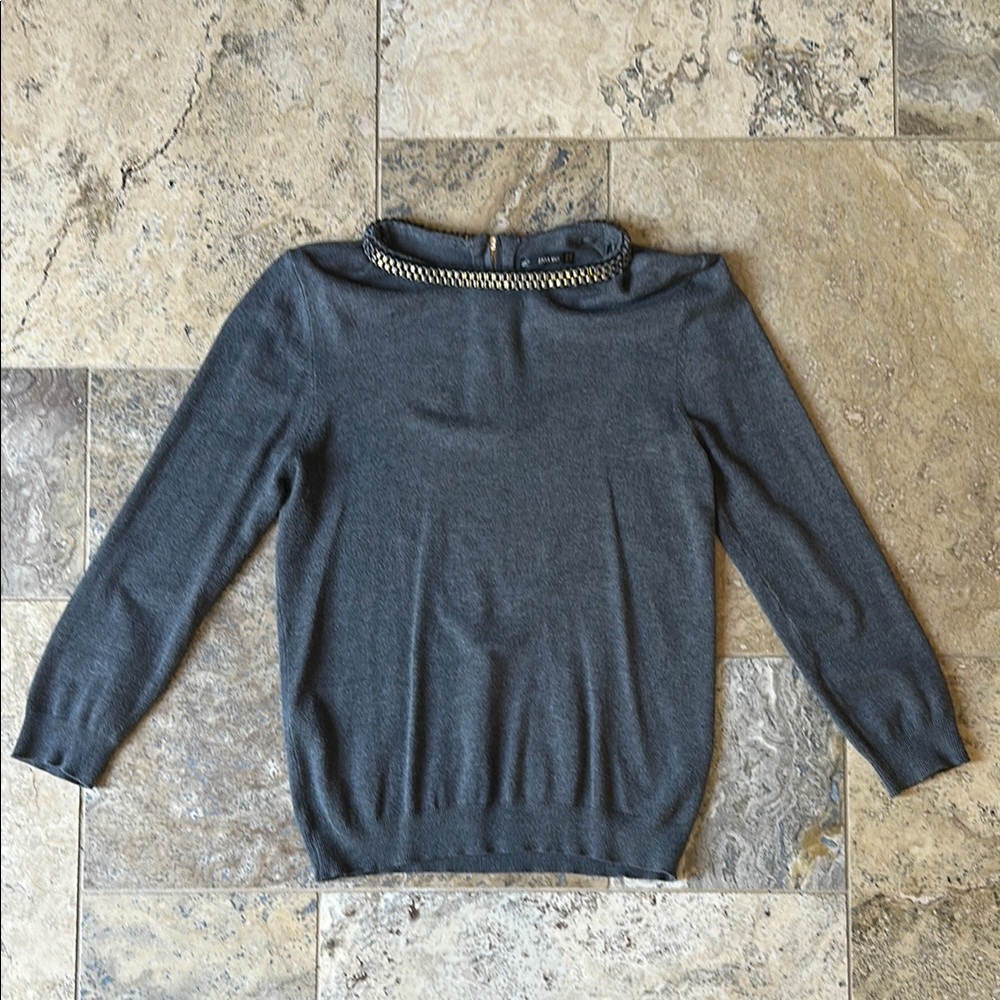 Zara Gray Sweater with Chain Collar Detail